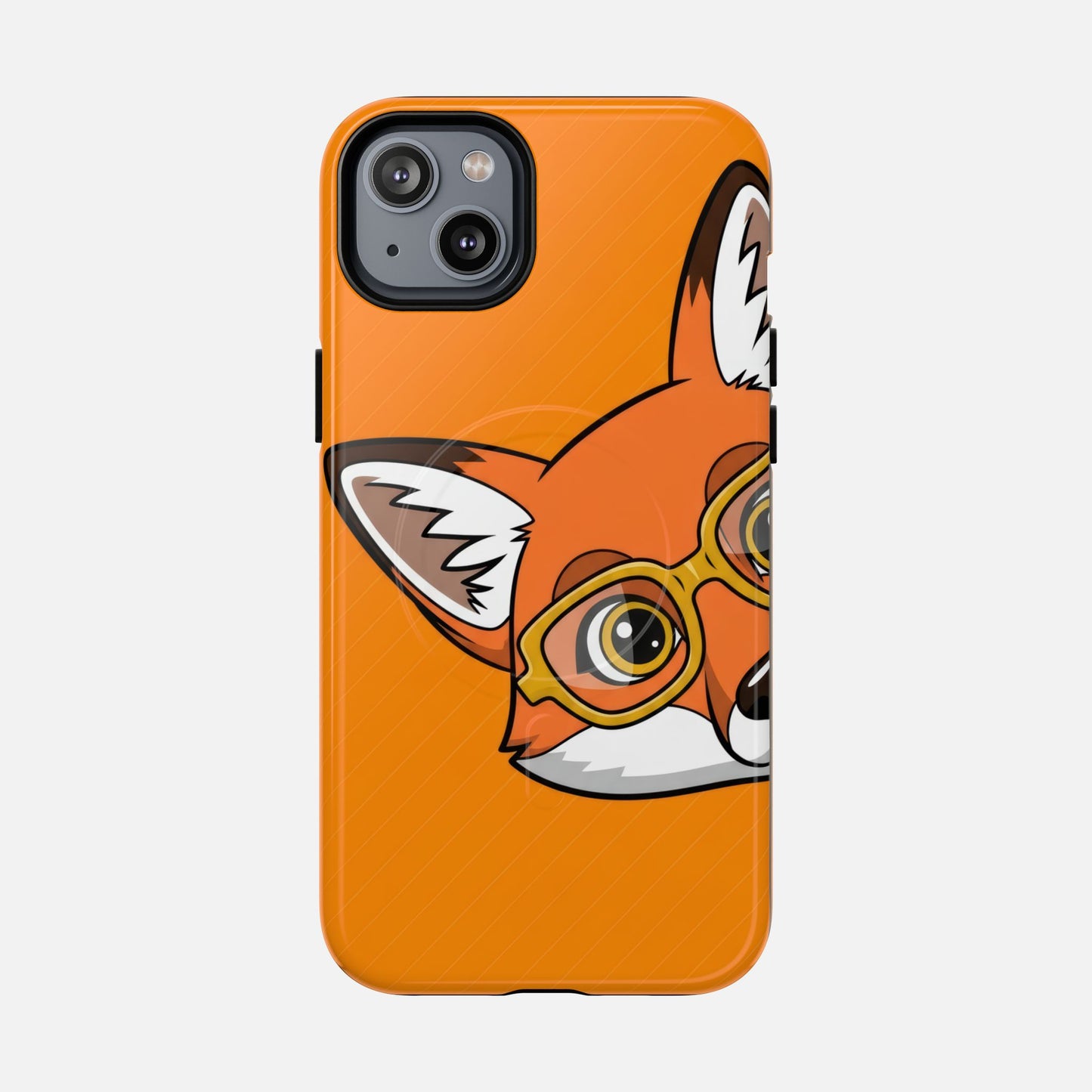Cute fox wearing glasses phone case with orange background, creative design for iPhone