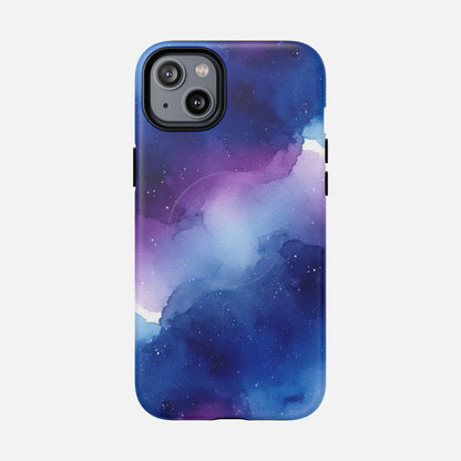 Galaxy Watercolor Tough Magnetic Phone Case — Blue Purple Nebula MagSafe Cover iPhone 14 Plus Matte Phone Case
