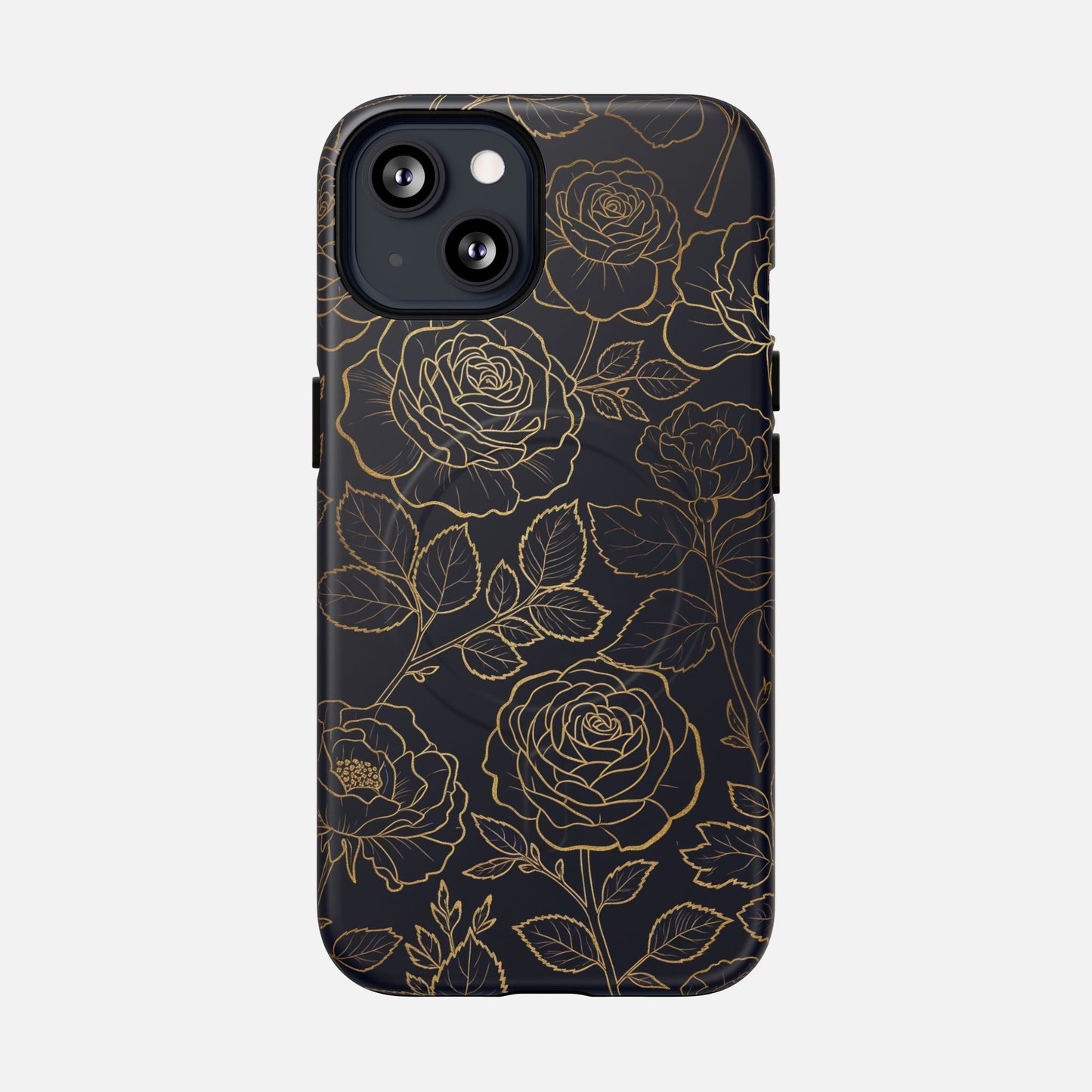 Floral Gold Outline Tough Magnetic Case — Elegant Black Rose Phone Cover iPhone 13 Matte Phone Case