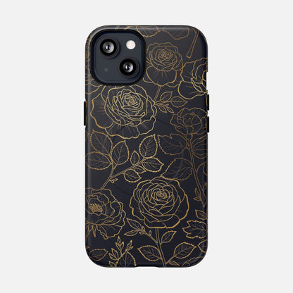 Floral Gold Outline Tough Magnetic Case — Elegant Black Rose Phone Cover iPhone 13 Matte Phone Case