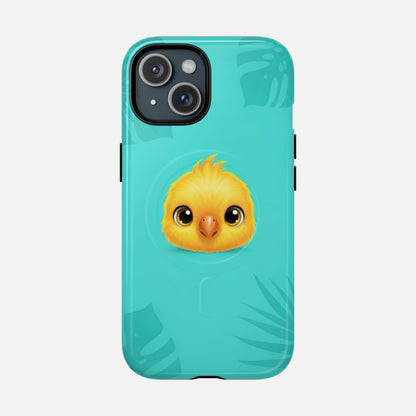 Cute yellow chick phone case with teal tropical leaf design, protective iPhone cover
