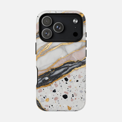 Marble and terrazzo phone case with gold accents, stylish protective cover for iPhone