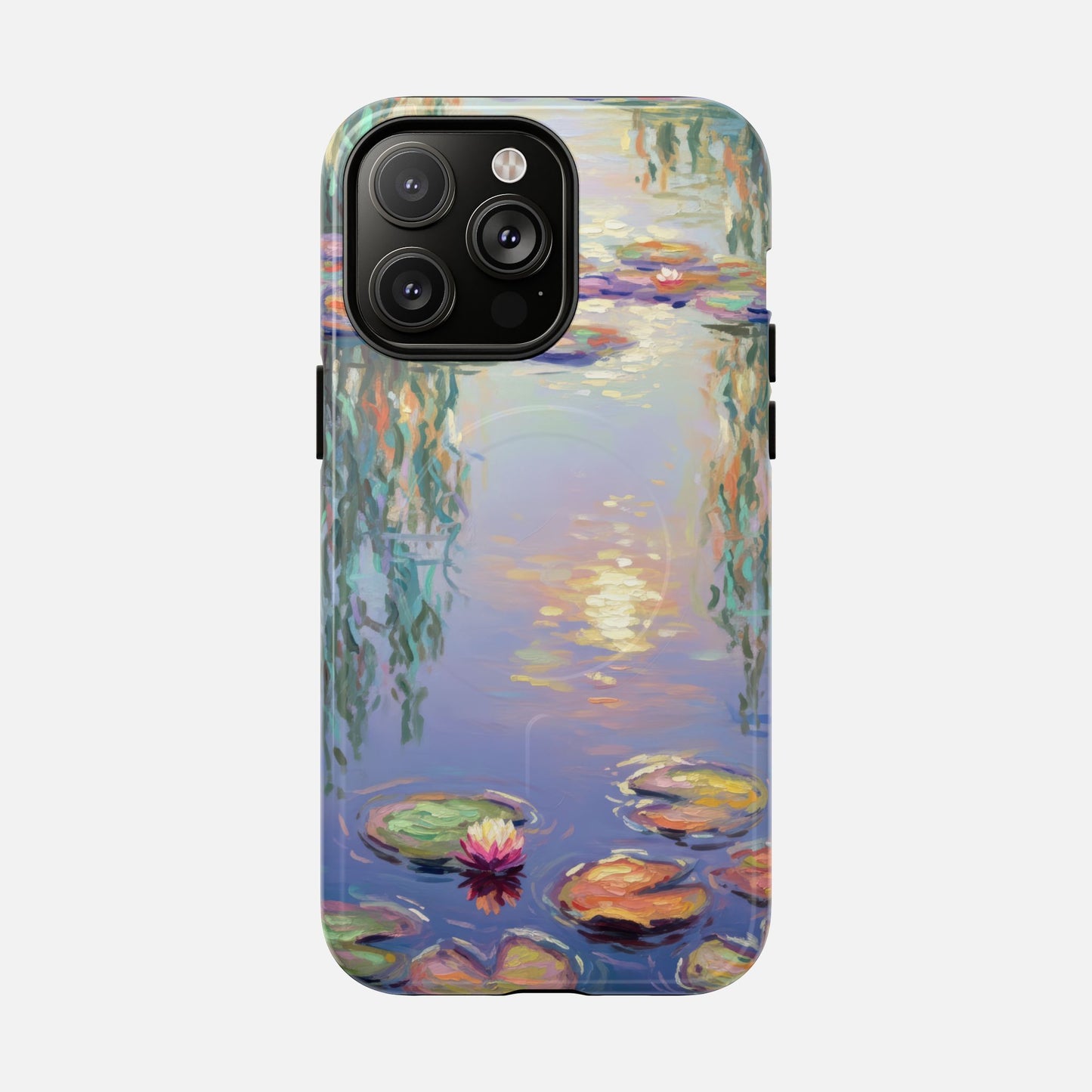iPhone case with Monet-style water lilies painting, artistic phone cover for protection and style