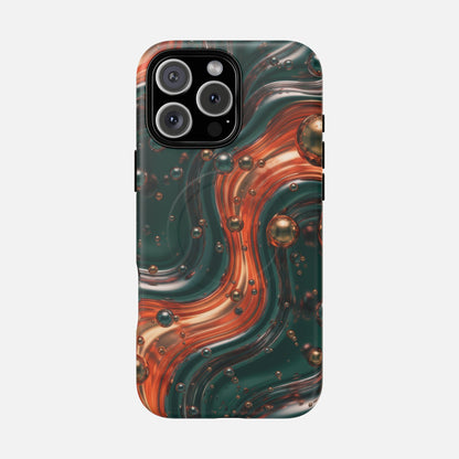 Emerald & Copper Liquid Swirl iPhone Case — Tough Magnetic | MagSafe Compatible