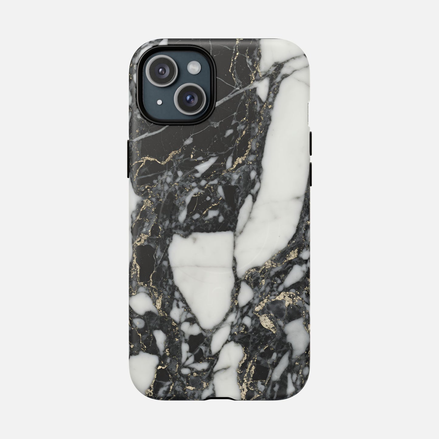 Black and white marble phone case with gold veining on smartphone