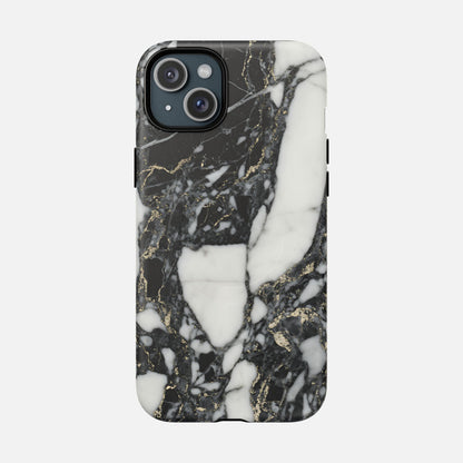 Black and white marble phone case with gold veining on smartphone