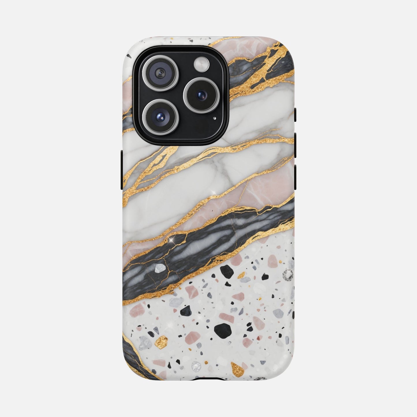 Marble and gold phone case with terrazzo pattern, stylish design for iPhone protection