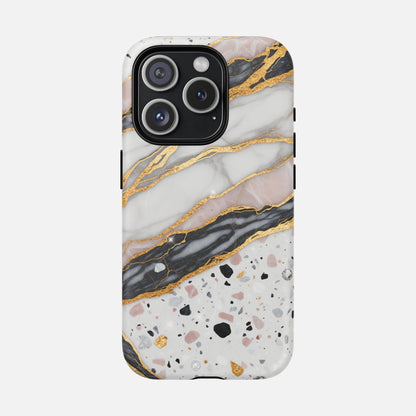 Marble and gold phone case with terrazzo pattern, stylish design for iPhone protection
