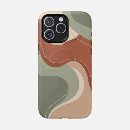 Abstract wave design phone case with earthy tones and gold lines for iPhone 14 Pro