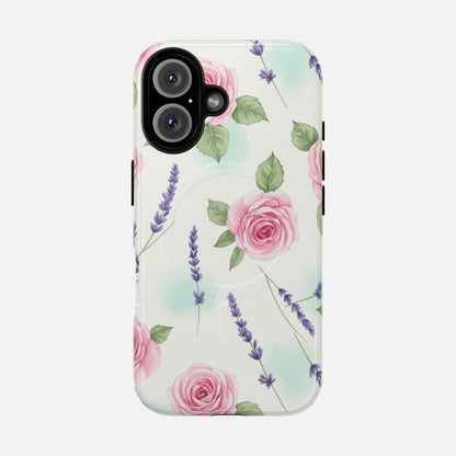 Floral Rose & Lavender Tough Magnetic Phone Case — Protective Magnetic iPhone Cover iPhone 16 Glossy Phone Case