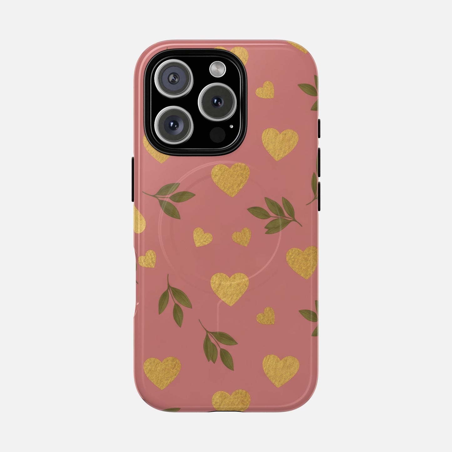 Pink phone case with gold glitter hearts and green leaves, stylish protective cover for iPhone