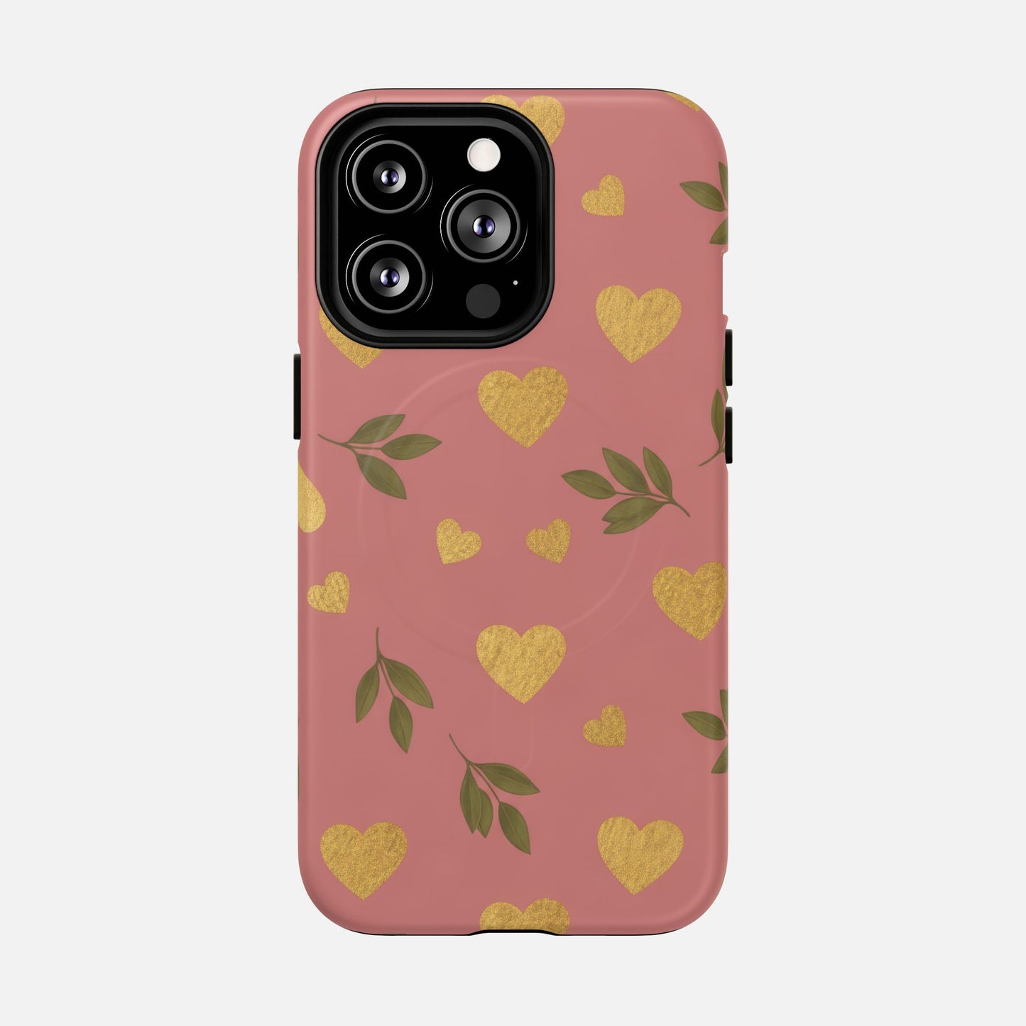 Pink phone case with gold glitter hearts and green leaves, stylish protective cover for iPhone
