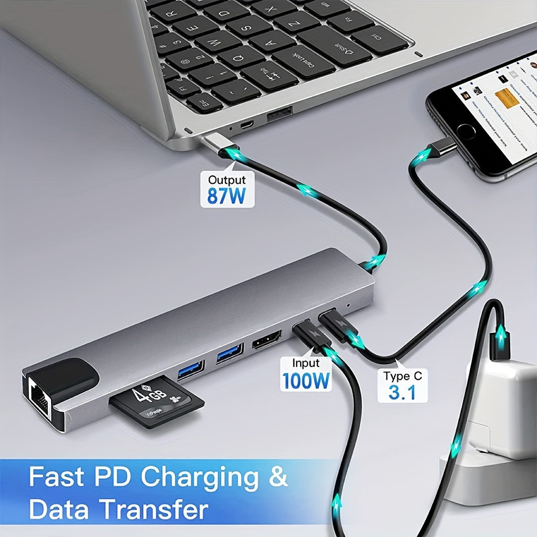 8-in-1 USB-C Hub with 4K HDMI, RJ45, SD/TF Reader & Fast Charging - Zaidni Store