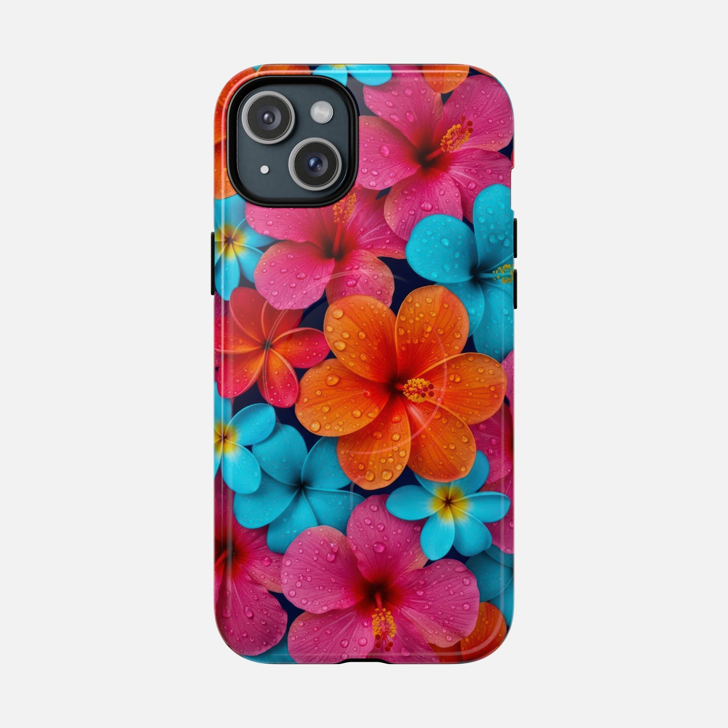 Phone Case — Colorful Tropical Plumeria Floral Magnetic Tough Case iPhone 15 Plus Glossy Phone Case
