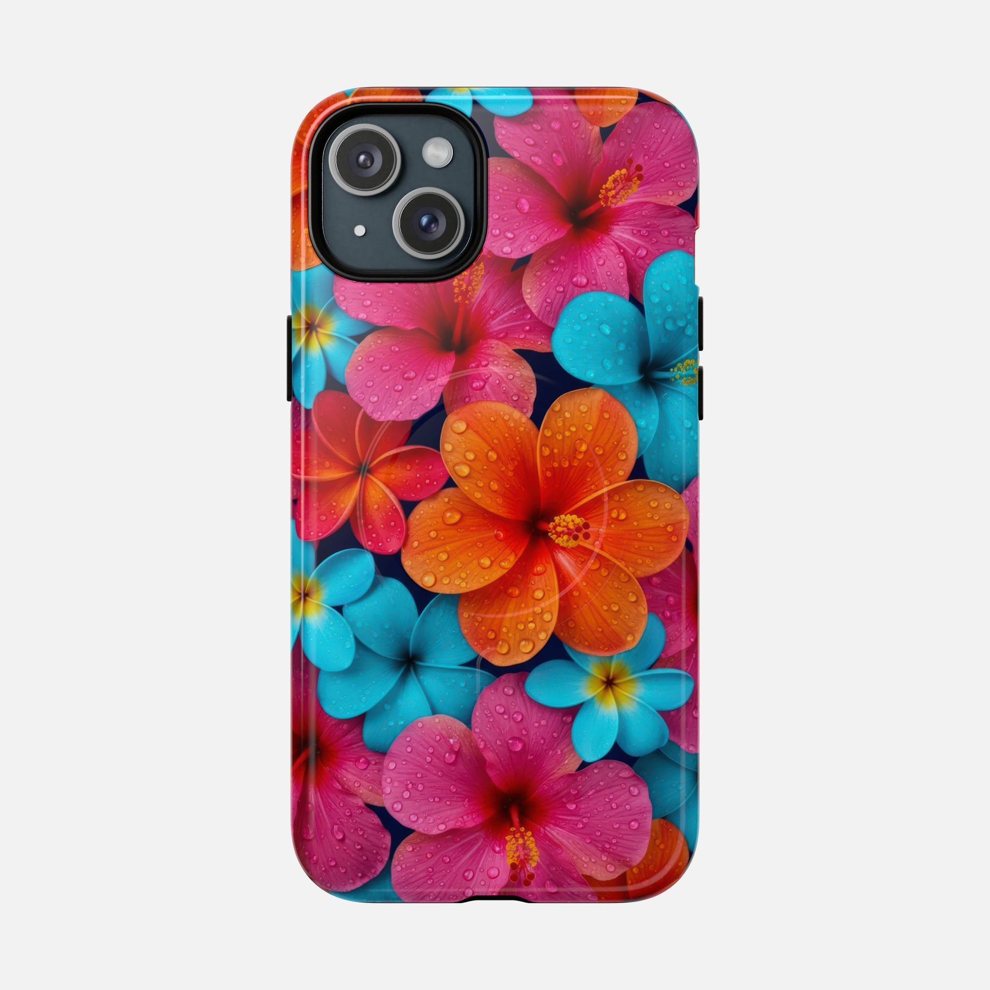 Phone Case — Colorful Tropical Plumeria Floral Magnetic Tough Case iPhone 15 Plus Glossy Phone Case