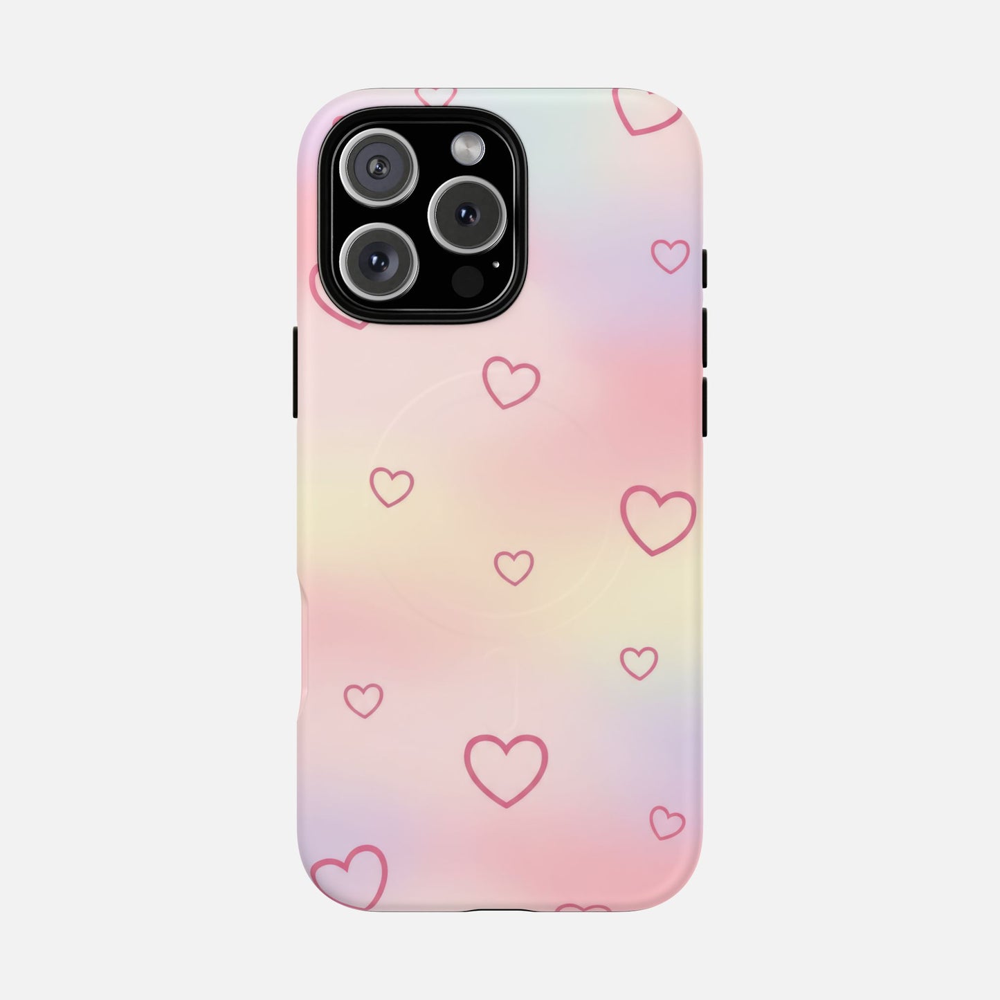 Pastel gradient phone case with pink heart pattern, modern design for iPhone