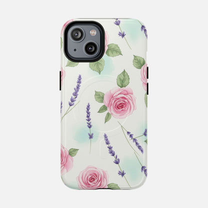 Floral Rose & Lavender Tough Magnetic Phone Case — Protective Magnetic iPhone Cover iPhone 14 Glossy Phone Case