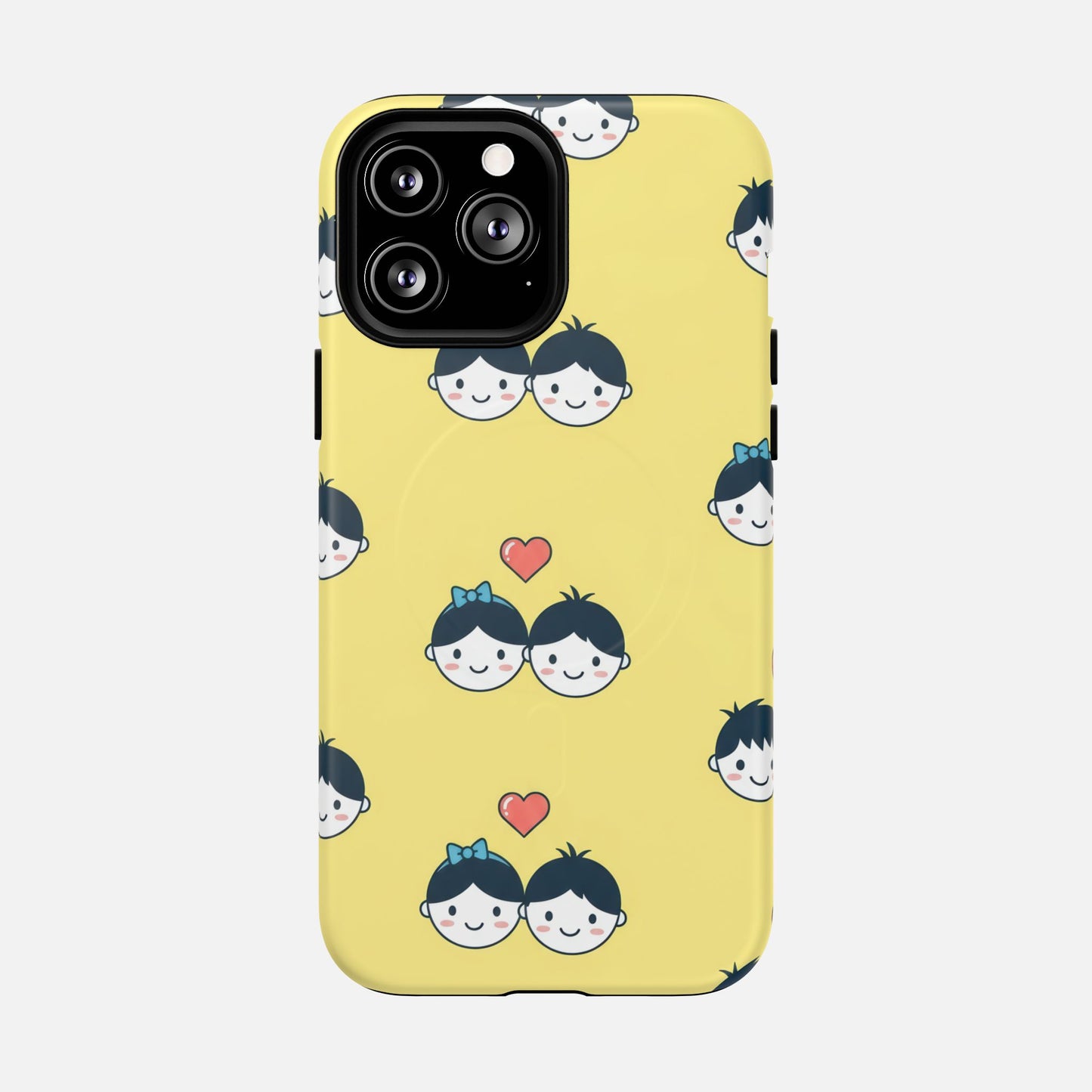Cute Couple Pattern Yellow Heart-Faced Duo Design iPhone Case — Tough Magnetic | MagSafe Compatible