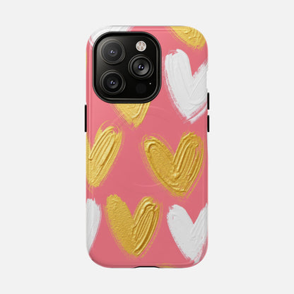 Phone Case — Pink Gold & White Heart Tough Magnetic Case iPhone 14 Pro Glossy Phone Case
