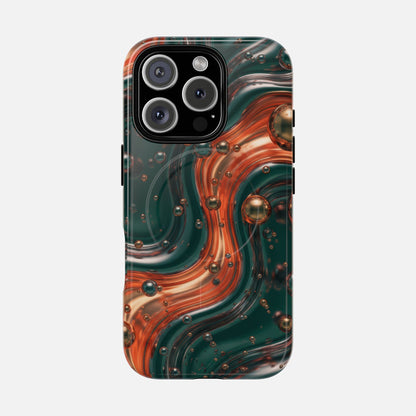 Magnetic Phone Case — Emerald & Copper Liquid Swirl Protective Cover iPhone 16 Pro Glossy Phone Case
