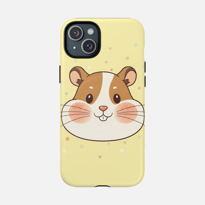 Cute hamster face phone case with pastel polka dots, perfect for animal lovers and stylish protection.