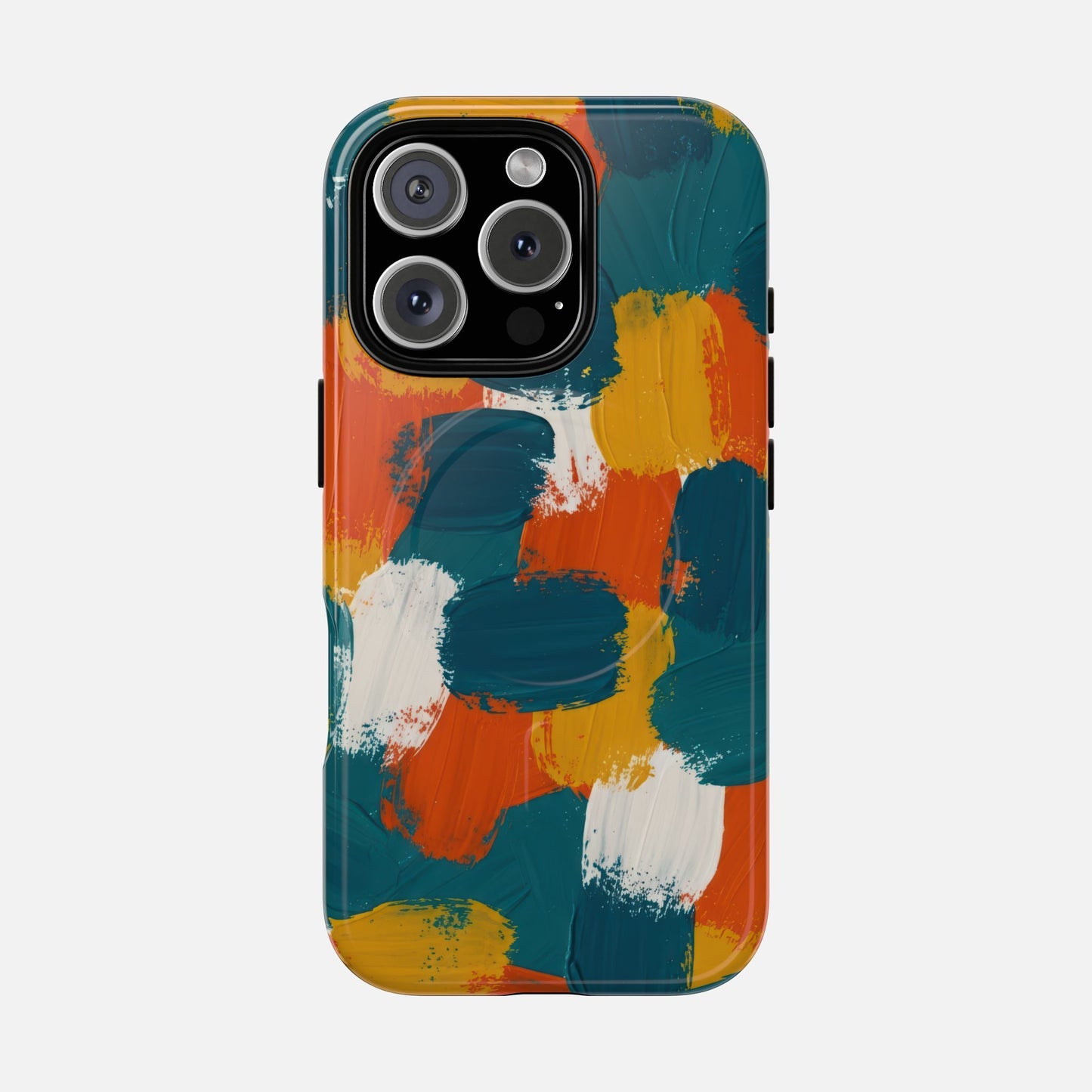 Abstract Brushstroke Tough Magnetic Phone Case — Colorful Teal, Orange & Mustard Protection iPhone 16 Pro Glossy Phone Case