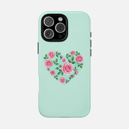 Floral Heart & Mint Rose iPhone Case — Tough Magnetic | MagSafe Compatible