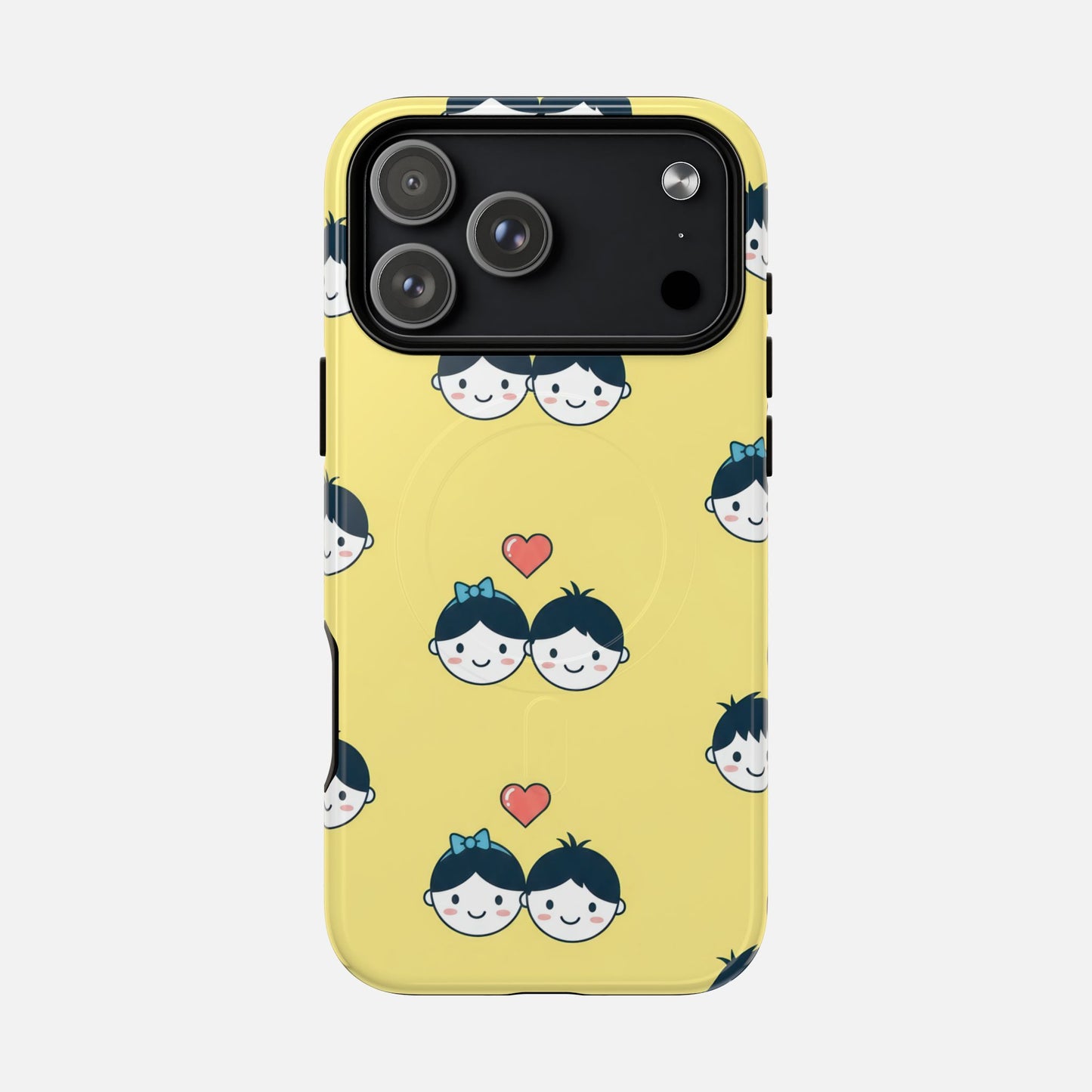 Cute Couple Pattern Yellow Heart-Faced Duo Design iPhone Case — Tough Magnetic | MagSafe Compatible