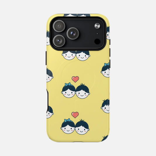 Cute Couple Pattern Tough Magnetic Phone Case — Yellow Heart-Faced Duo Design