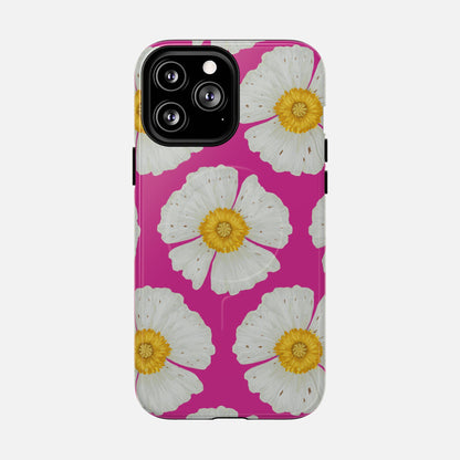 Pink phone case with white daisy flowers and yellow centers, floral design for iPhone