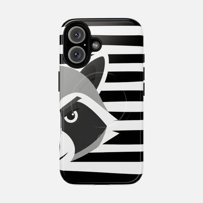Raccoon Stripe Tough Magnetic Phone Case — Black & White Animal Design iPhone 16 Glossy Phone Case