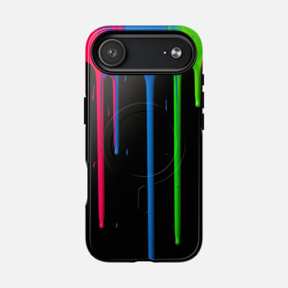 Neon Drip Tough Magnetic Case – Black Phone Cover with Bright Pink, Blue & Green Paint Drips iPhone 17 Air Glossy Phone Case