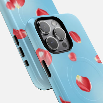 Light blue phone case with red rose petals design, fits iPhone Pro camera cutout
