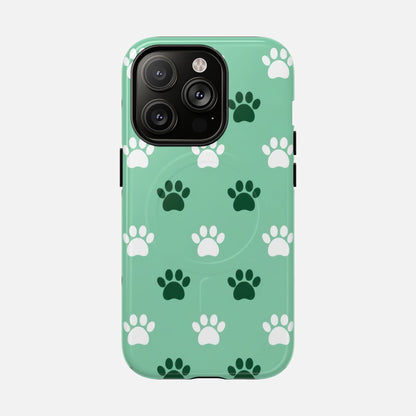 Mint green phone case with white and dark green paw print pattern, fits iPhone with triple camera