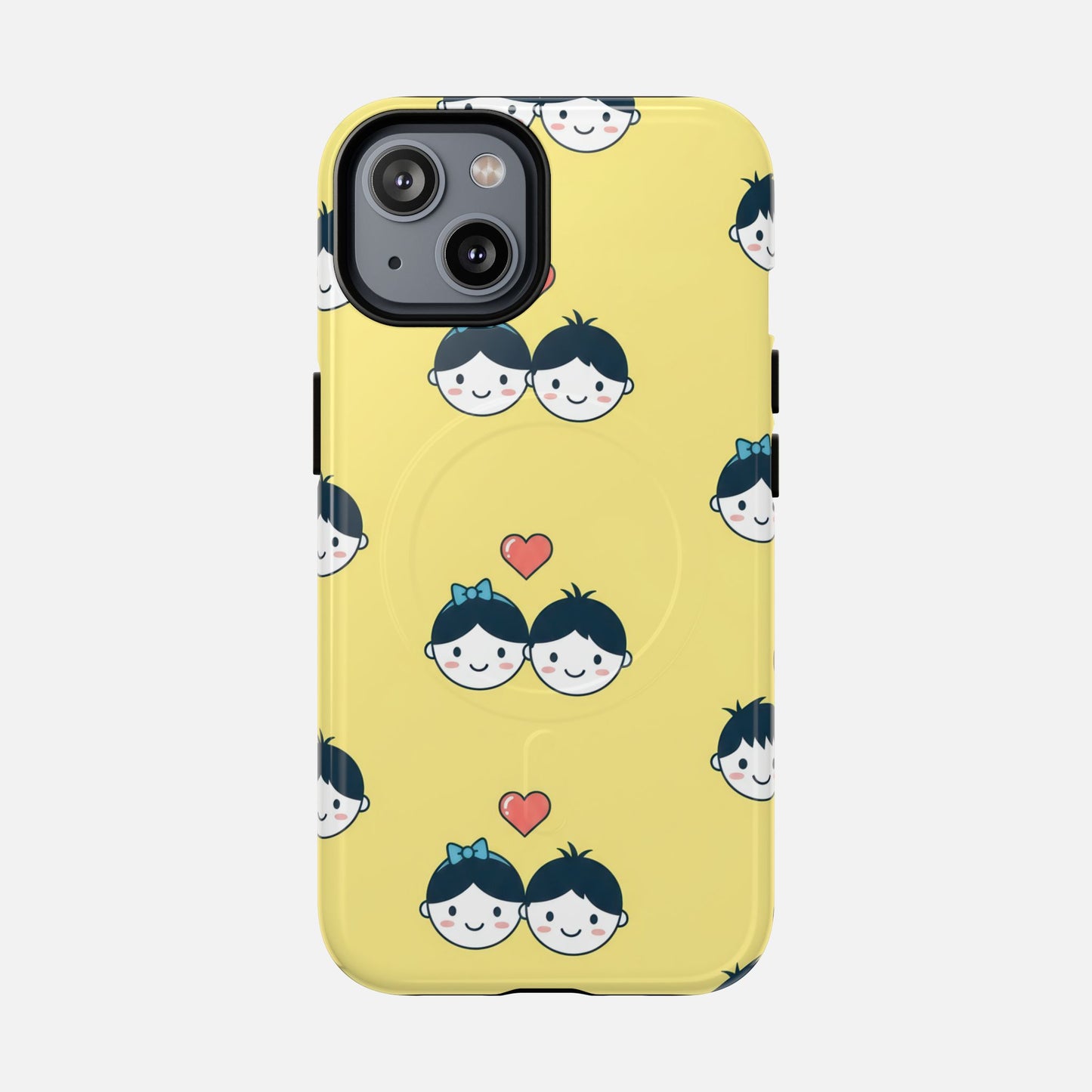 Cute Couple Pattern Yellow Heart-Faced Duo Design iPhone Case — Tough Magnetic | MagSafe Compatible