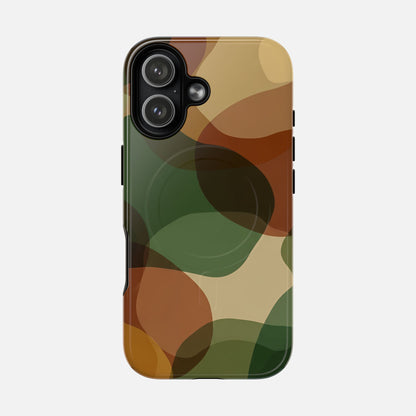 Camouflage phone case with green, brown, and tan abstract pattern for iPhone