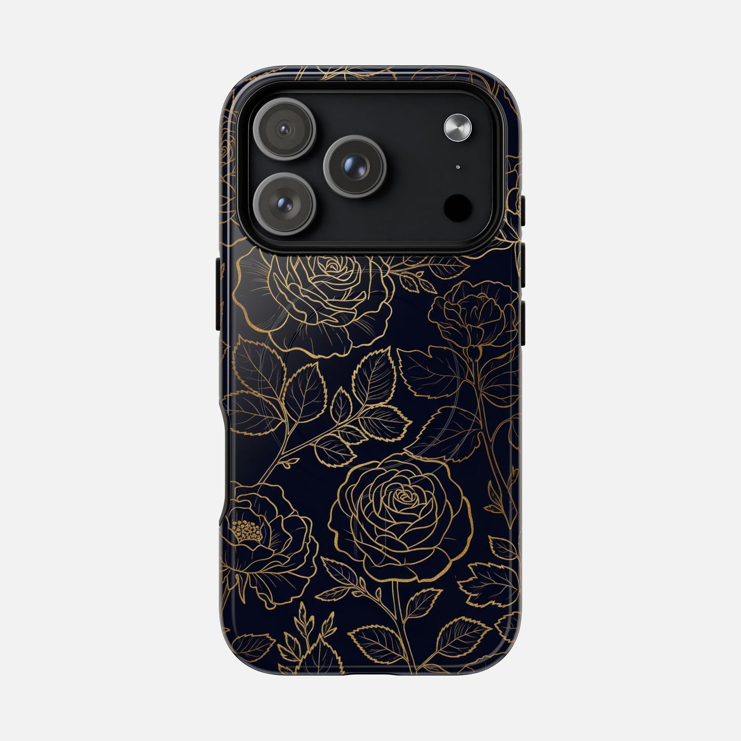 Floral Gold Outline Tough Magnetic Case — Elegant Black Rose Phone Cover iPhone 17 Pro Glossy Phone Case