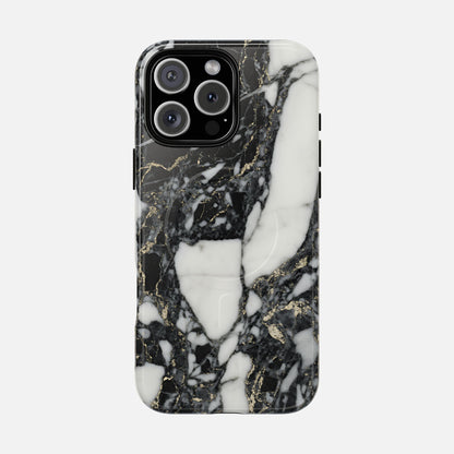 Black and white marble pattern phone case with gold accents on a modern smartphone