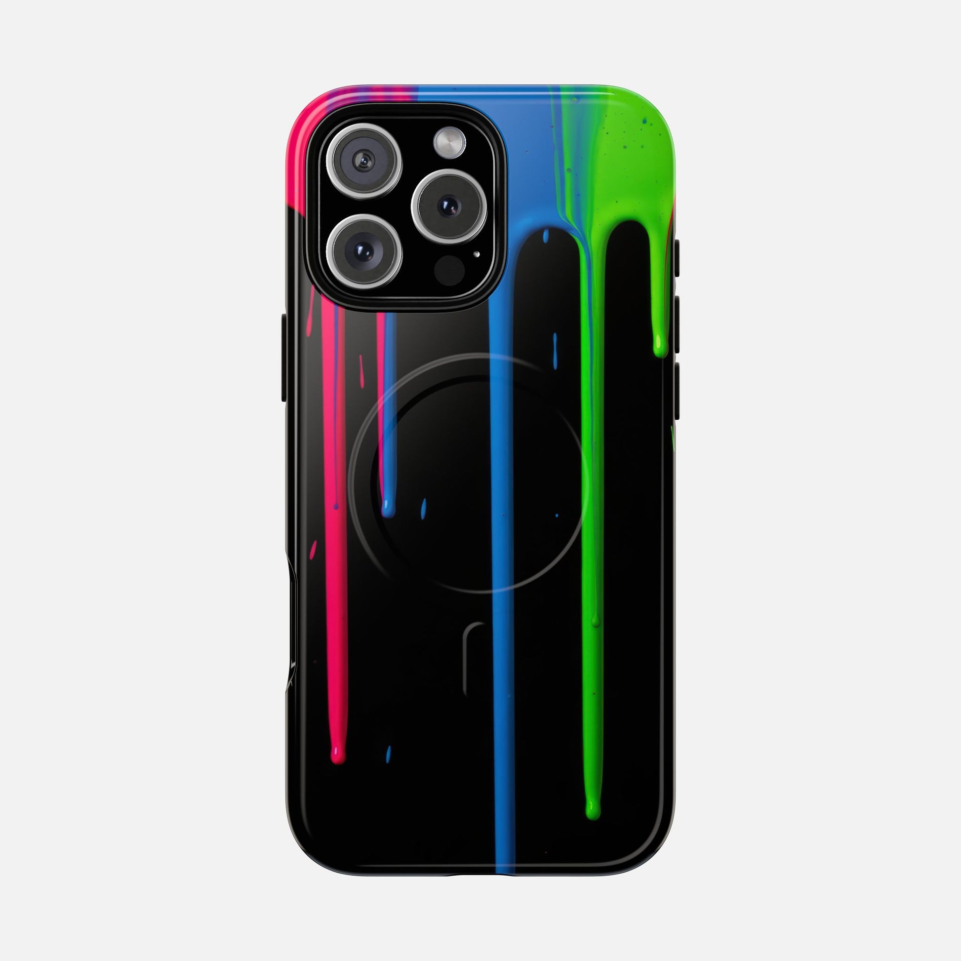Neon Drip Tough Magnetic Case – Black Phone Cover with Bright Pink, Blue & Green Paint Drips iPhone 16 Pro Max Glossy Phone Case
