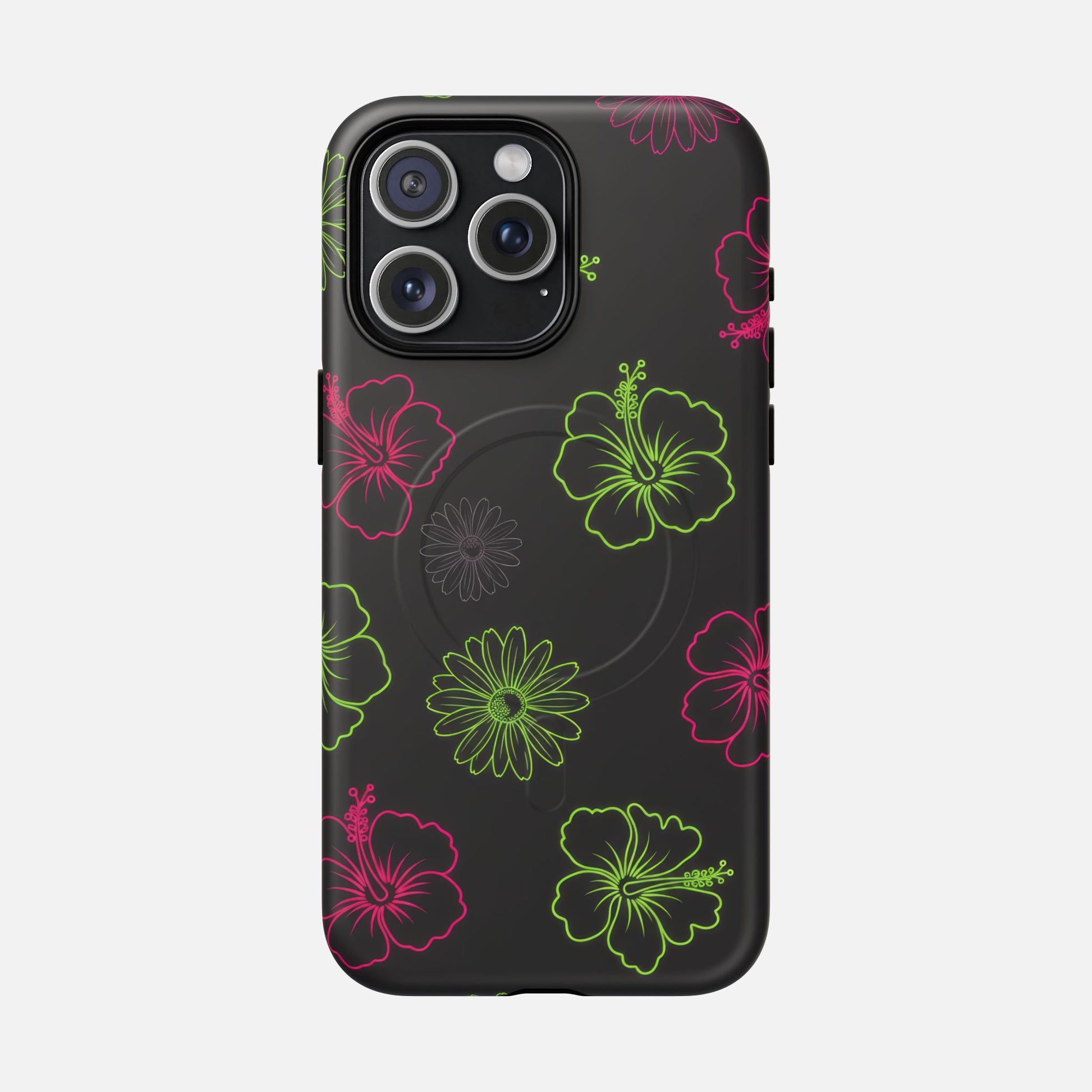 Neon Hibiscus Tough Magnetic Phone Case — Tropical Floral Protective Cover iPhone 15 Pro Max Matte Phone Case