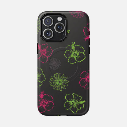 Neon Hibiscus Tough Magnetic Phone Case — Tropical Floral Protective Cover iPhone 15 Pro Max Matte Phone Case