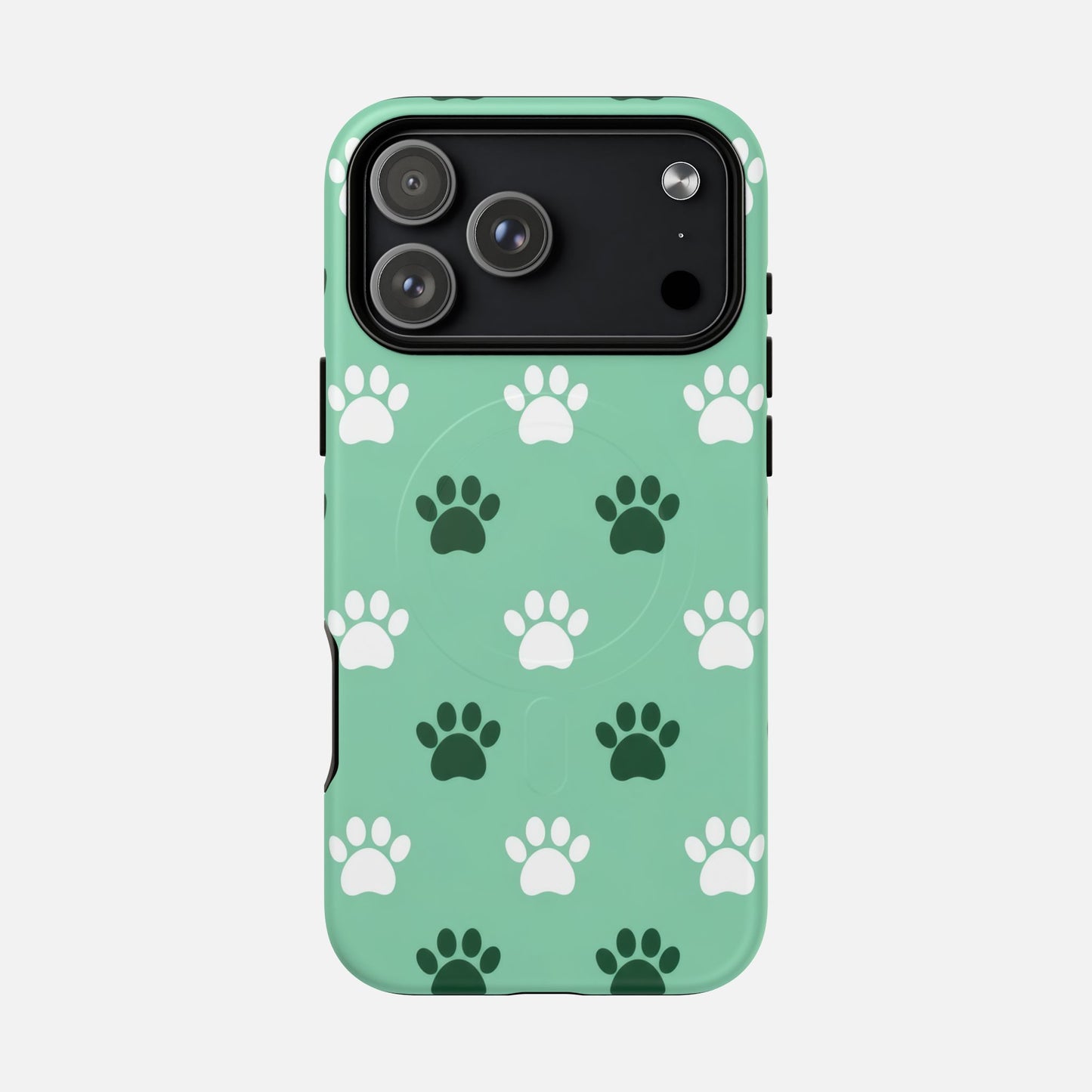Mint green phone case with white and dark green paw print pattern, compatible with iPhone Pro models