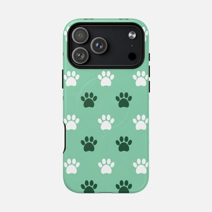 Mint green phone case with white and dark green paw print pattern, compatible with iPhone Pro models