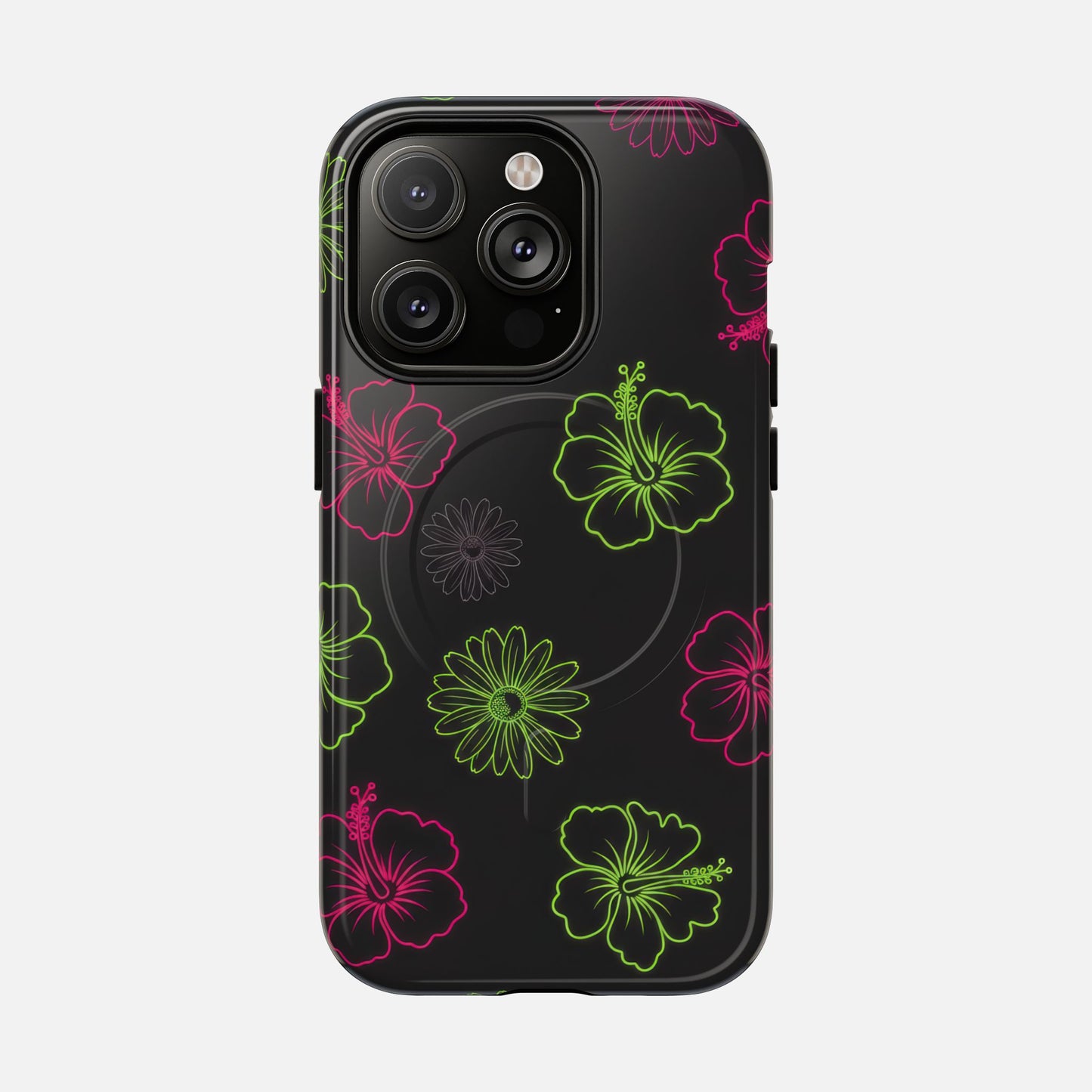 Neon Hibiscus Tough Magnetic Phone Case — Tropical Floral Protective Cover iPhone 14 Pro Glossy Phone Case