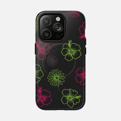 Neon Hibiscus Tough Magnetic Phone Case — Tropical Floral Protective Cover iPhone 14 Pro Glossy Phone Case