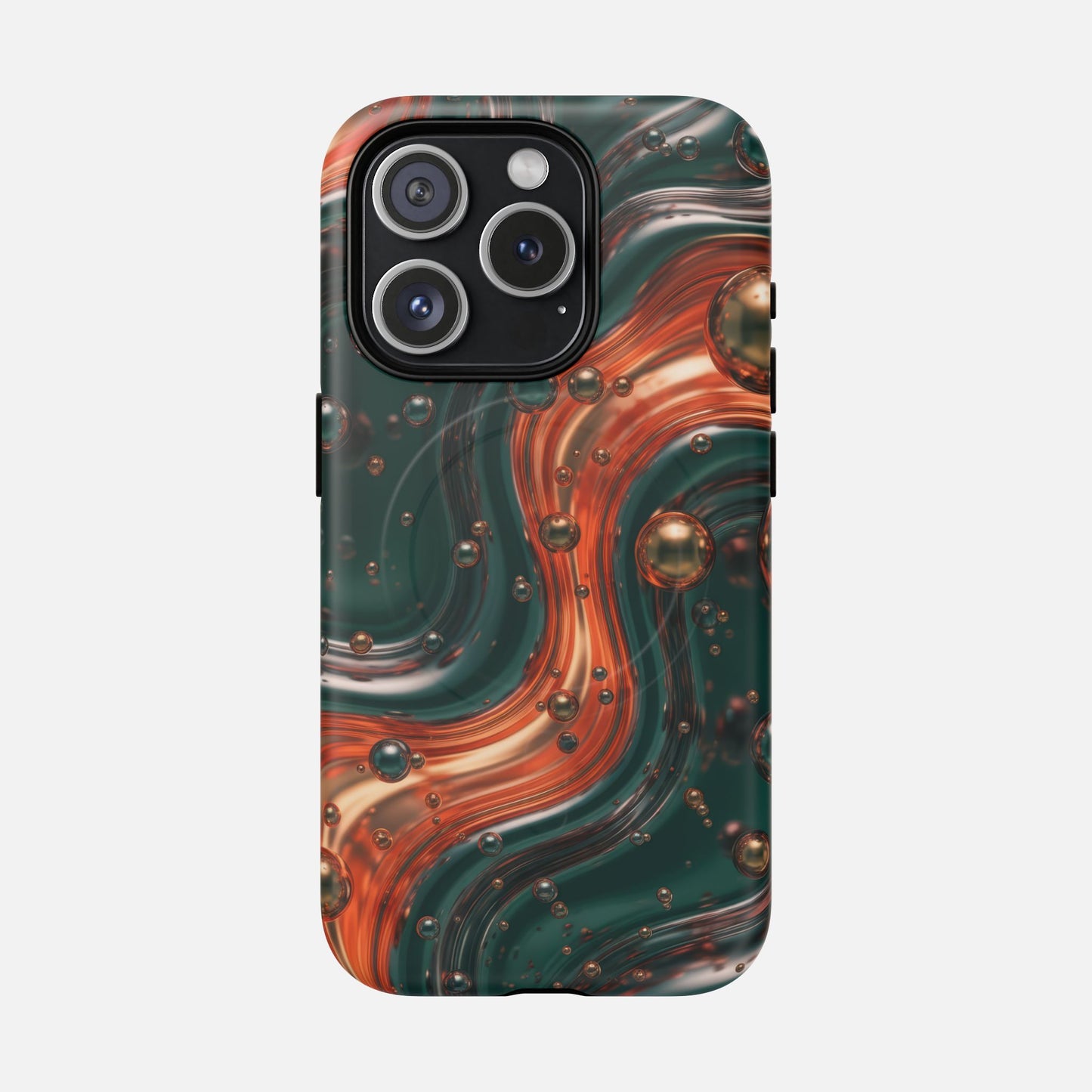 Magnetic Phone Case — Emerald & Copper Liquid Swirl Protective Cover iPhone 15 Pro Matte Phone Case