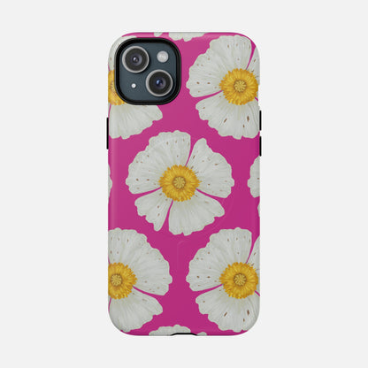 Pink phone case with white flowers and yellow centers, floral design for iPhone