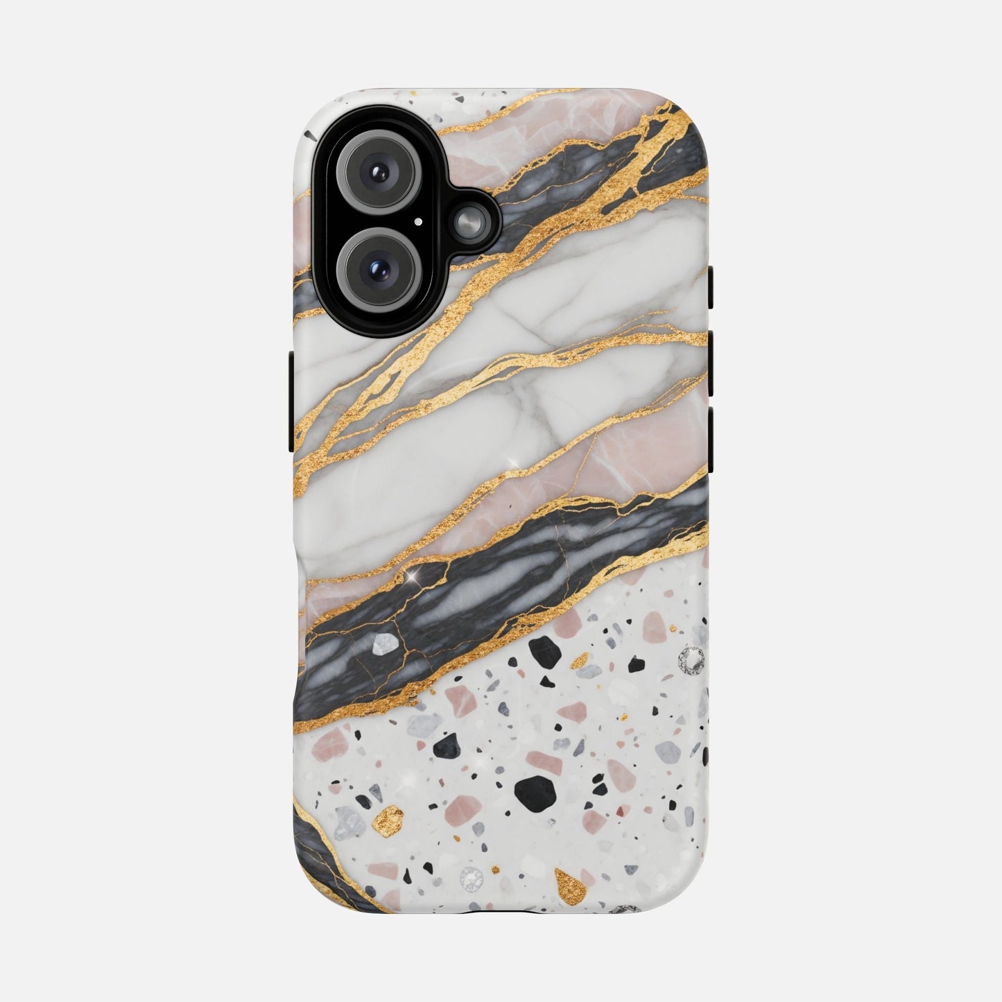 Marble and terrazzo phone case with gold accents, modern design for iPhone