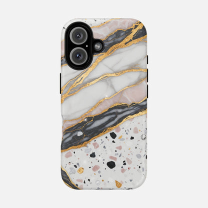 Marble and terrazzo phone case with gold accents, modern design for iPhone
