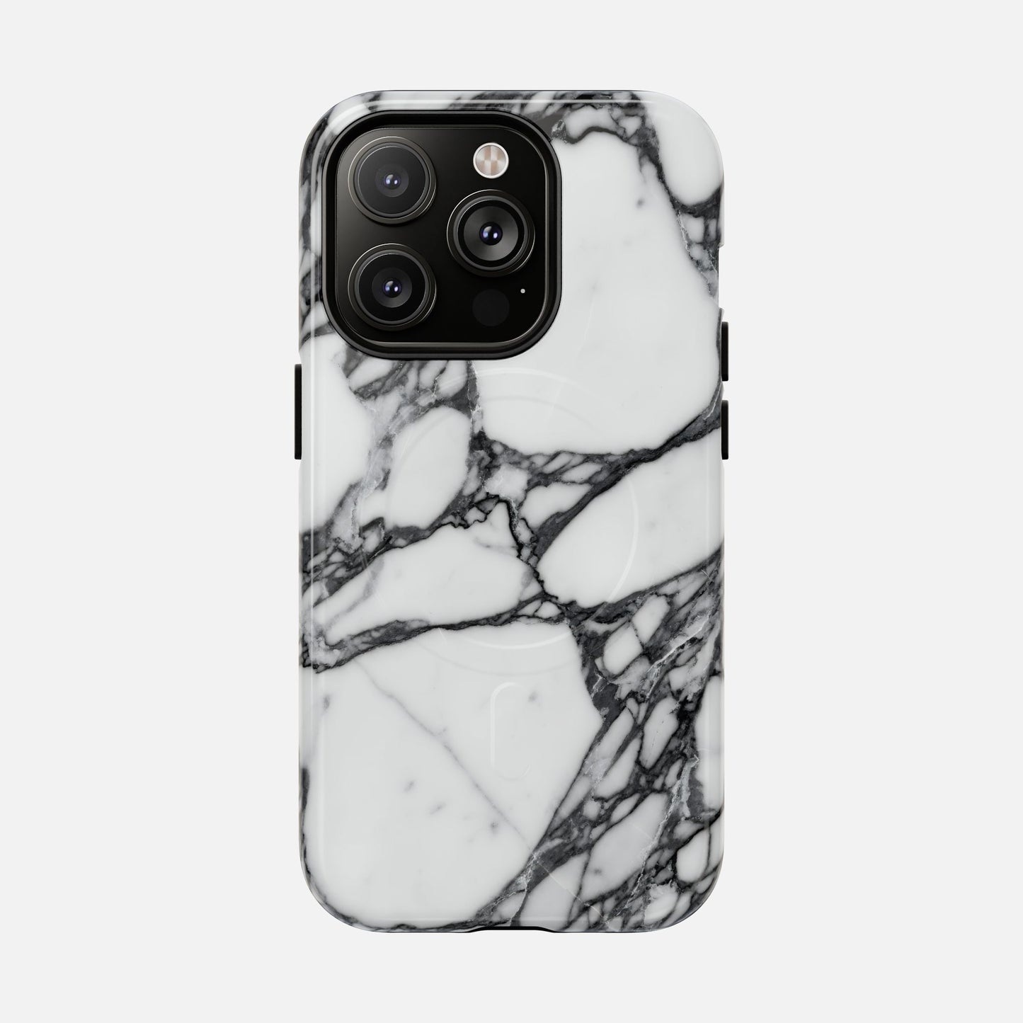 iPhone case with white and black marble design on a plain background